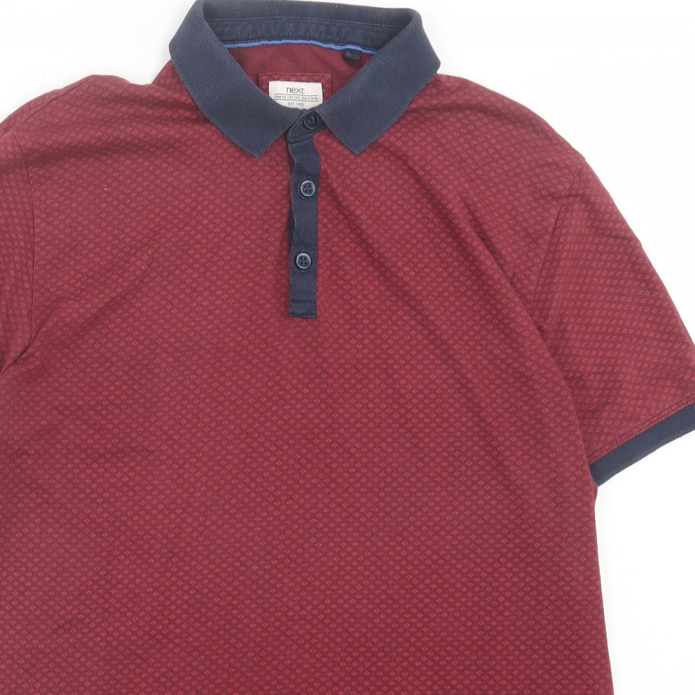 NEXT Mens Red Geometric Cotton Polo Size L Collared Button