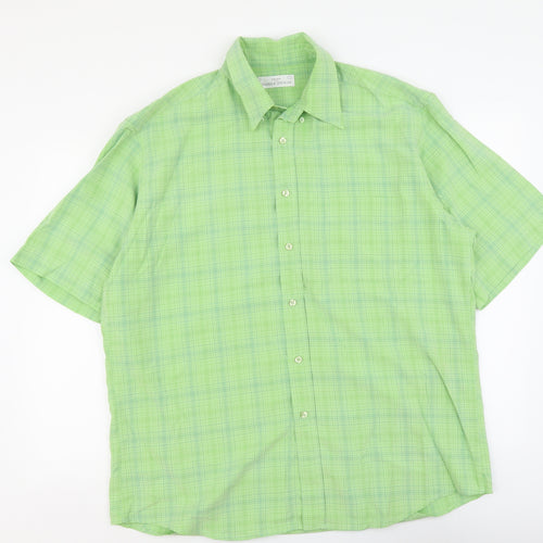 Marks and Spencer Mens Green Plaid Polyester Button-Up Size L Collared Button