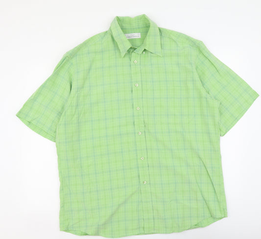 Marks and Spencer Mens Green Plaid Polyester Button-Up Size L Collared Button
