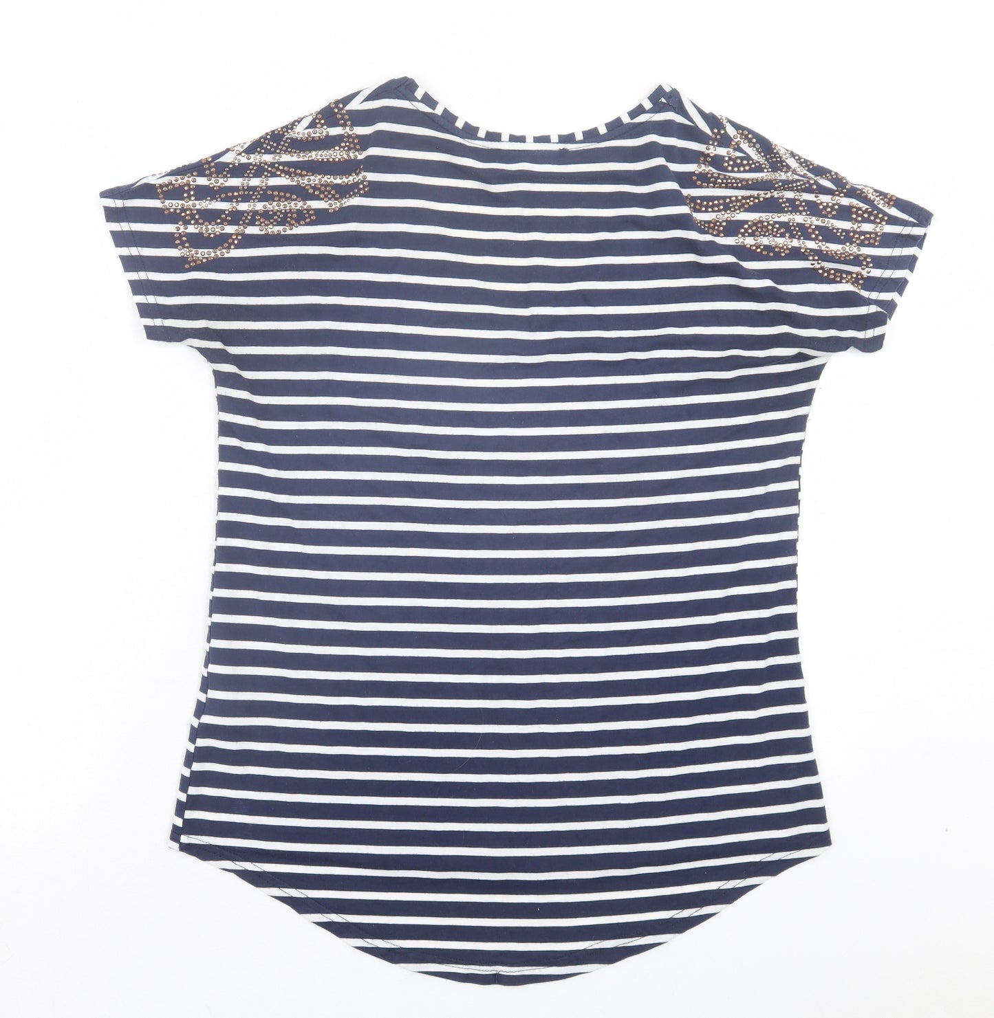 BiBA Womens Blue Striped Viscose Basic T-Shirt Size 8 V-Neck