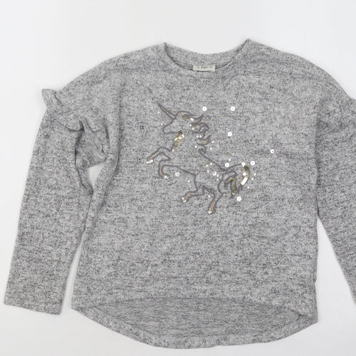 F&F Girls Grey Round Neck Acrylic Pullover Jumper Size 5-6 Years Pullover - Unicorn
