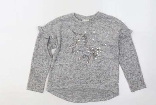 F&F Girls Grey Round Neck Acrylic Pullover Jumper Size 5-6 Years Pullover - Unicorn