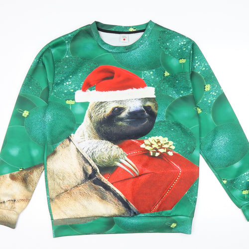 Preorn Mens Green Cotton Pullover Sweatshirt Size L - Christmas Sloth