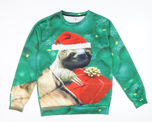 Preorn Mens Green Cotton Pullover Sweatshirt Size L - Christmas Sloth