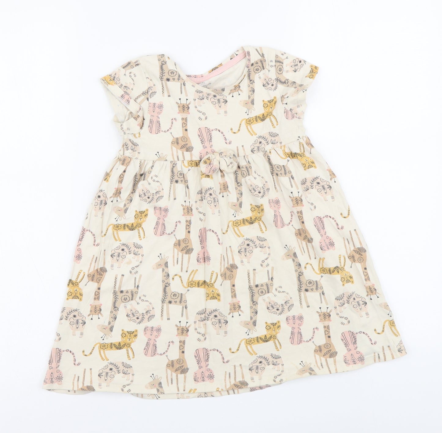 Mothercare Girls Beige Geometric Cotton A-Line Size 3-4 Years Round Neck Pullover - Animals pattern