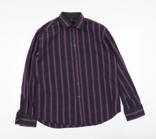 Jasper Conran Mens Purple Striped Polyester Button-Up Size L Collared Button