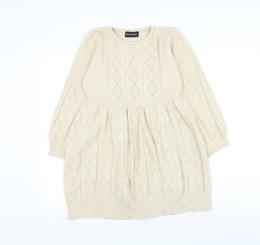 Fancyqube Girls Beige Argyle/Diamond Cotton Jumper Dress Size L Round Neck Pullover