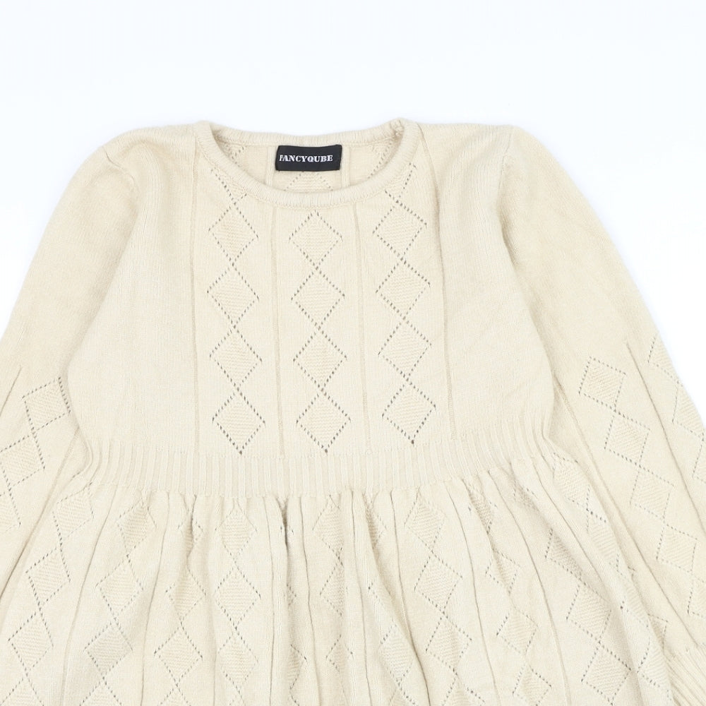 Fancyqube Girls Beige Argyle/Diamond Cotton Jumper Dress Size L Round Neck Pullover
