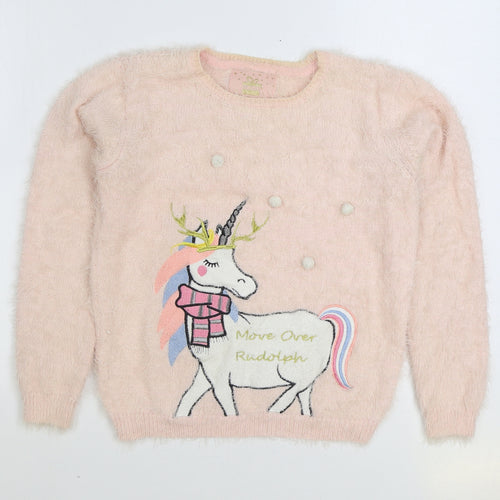 Primark Girls Pink Round Neck Polyester Pullover Jumper Size 13-14 Years Pullover - Unicorn Christmas