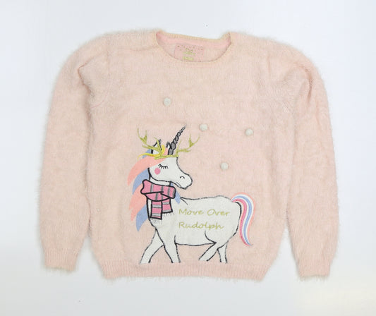 Primark Girls Pink Round Neck Polyester Pullover Jumper Size 13-14 Years Pullover - Unicorn Christmas