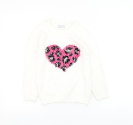 Matalan Girls White Round Neck Polyamide Pullover Jumper Size 7-8 Years Pullover - Leopard Print Heart