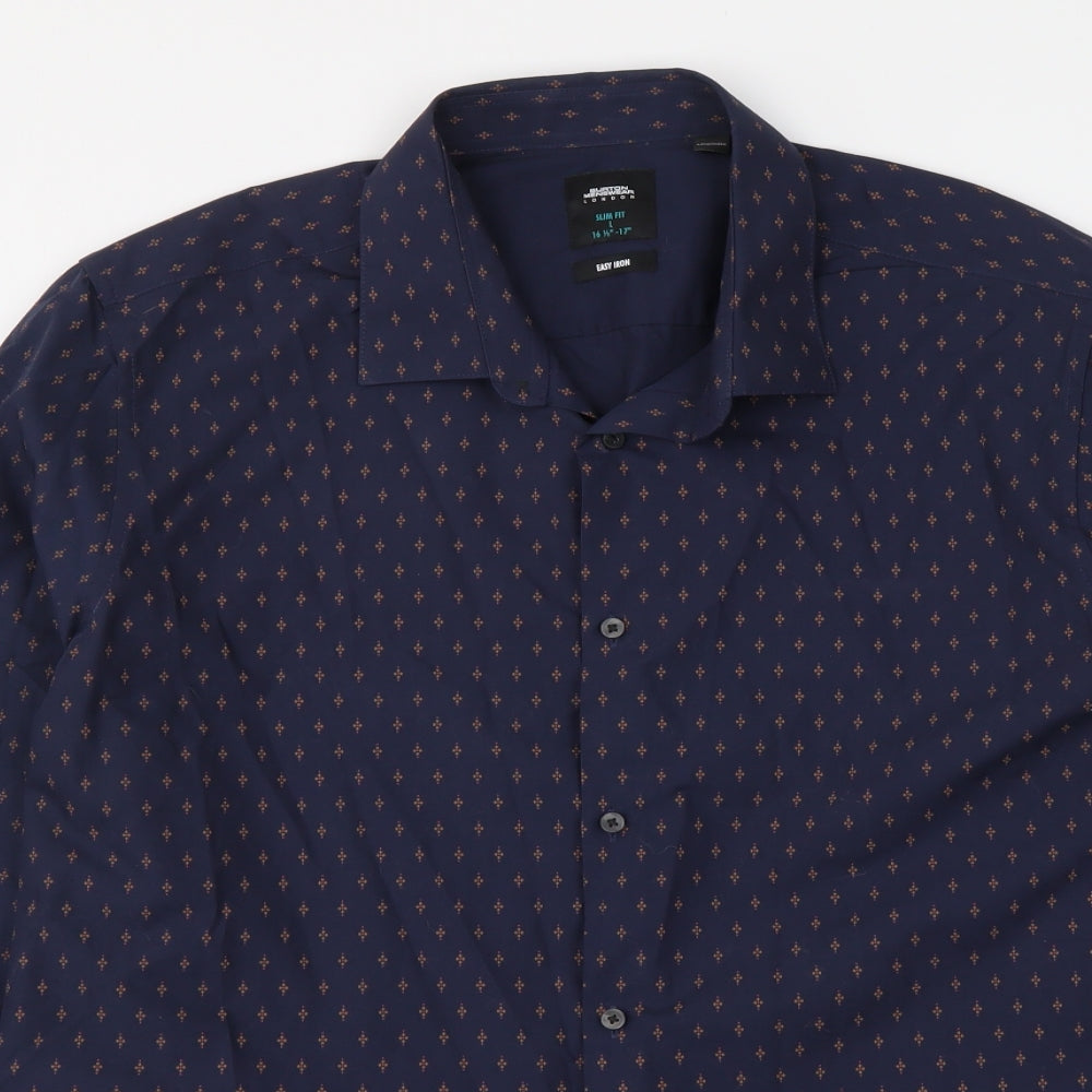 Burton Mens Blue Geometric Polyester Button-Up Size 16 Collared Button