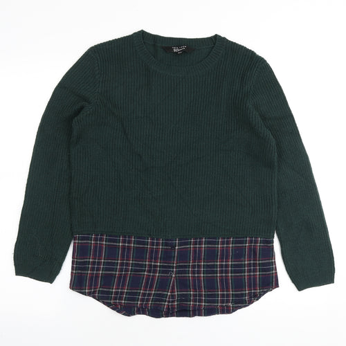 New Look Girls Green Round Neck Plaid Acrylic Pullover Jumper Size 12-13 Years Pullover
