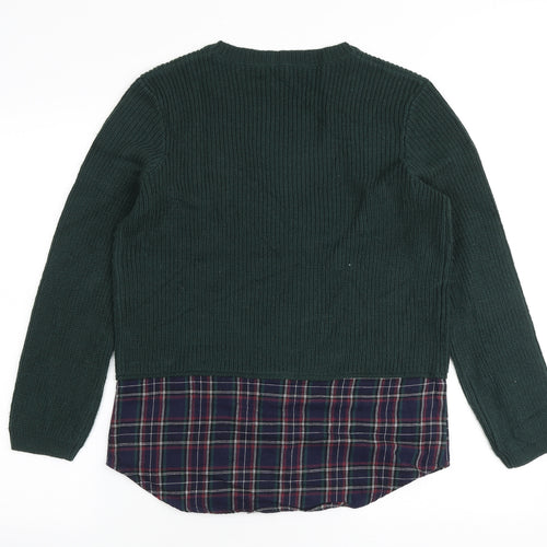New Look Girls Green Round Neck Plaid Acrylic Pullover Jumper Size 12-13 Years Pullover