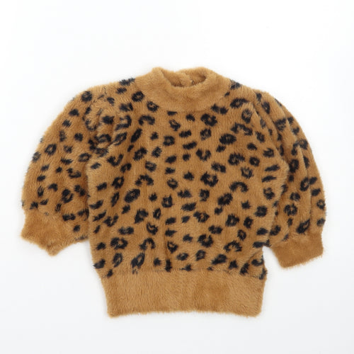 NEXT Girls Brown Mock Neck Animal Print Nylon Pullover Jumper Size 6 Years Button - Leopard Print