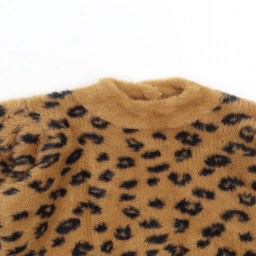 NEXT Girls Brown Mock Neck Animal Print Nylon Pullover Jumper Size 6 Years Button - Leopard Print