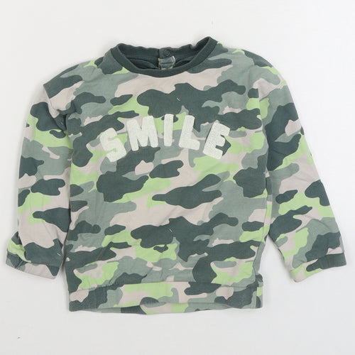 Marks and Spencer Boys Green Camouflage Cotton Pullover Sweatshirt Size 2-3 Years Snap - Smile