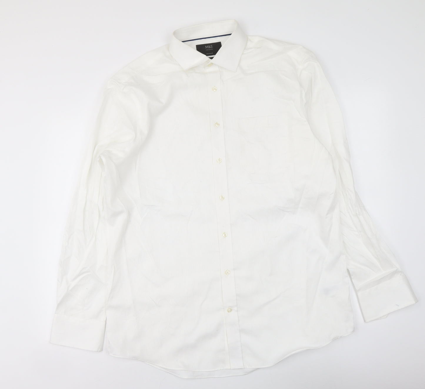 Marks and Spencer Mens White Polyester Button-Up Size 16 Collared Button