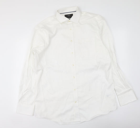 Marks and Spencer Mens White Polyester Button-Up Size 16 Collared Button