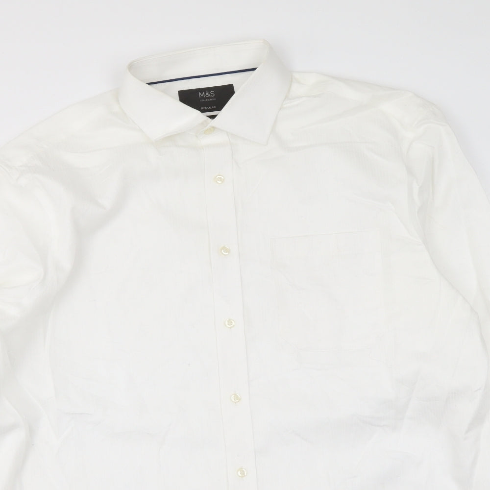 Marks and Spencer Mens White Polyester Button-Up Size 16 Collared Button