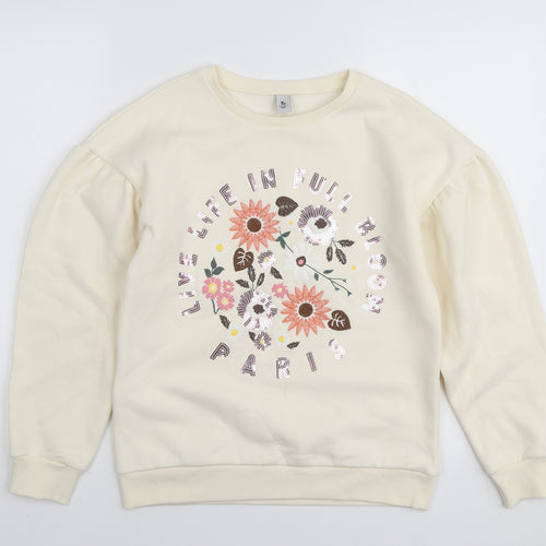 TU Girls Ivory Round Neck Cotton Pullover Jumper Size 11 Years Pullover - Embroidered Flowers
