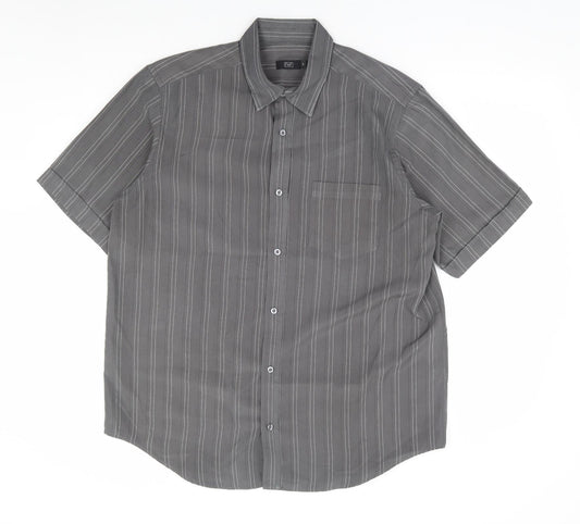 F&F Mens Grey Striped Polyester Button-Up Size L Collared Button