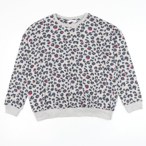 Marks and Spencer Girls Grey Round Neck Animal Print Viscose Pullover Jumper Size 12-13 Years Pullover - Leopard Print