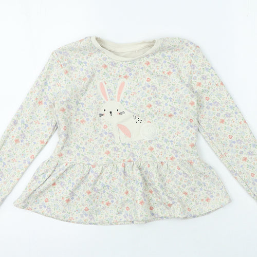 George Girls Ivory Crew Neck Floral Cotton Henley Jumper Size 6-7 Years - Bunny