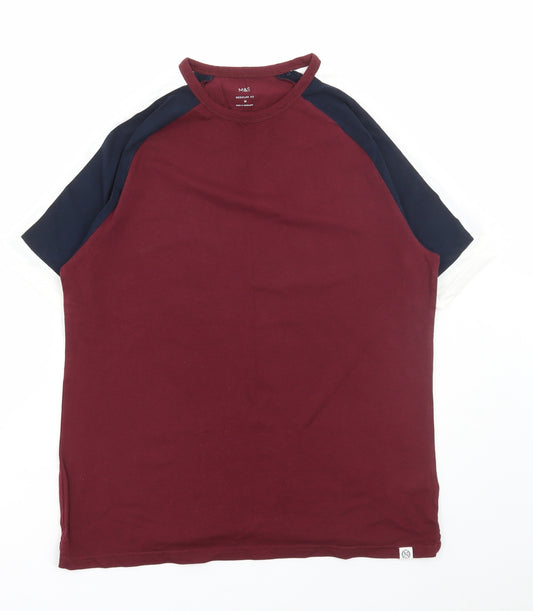 Marks and Spencer Mens Red Colourblock Cotton T-Shirt Size L Round Neck