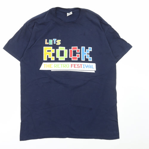 Gildan Mens Blue Cotton T-Shirt Size L Round Neck - Lets Rock