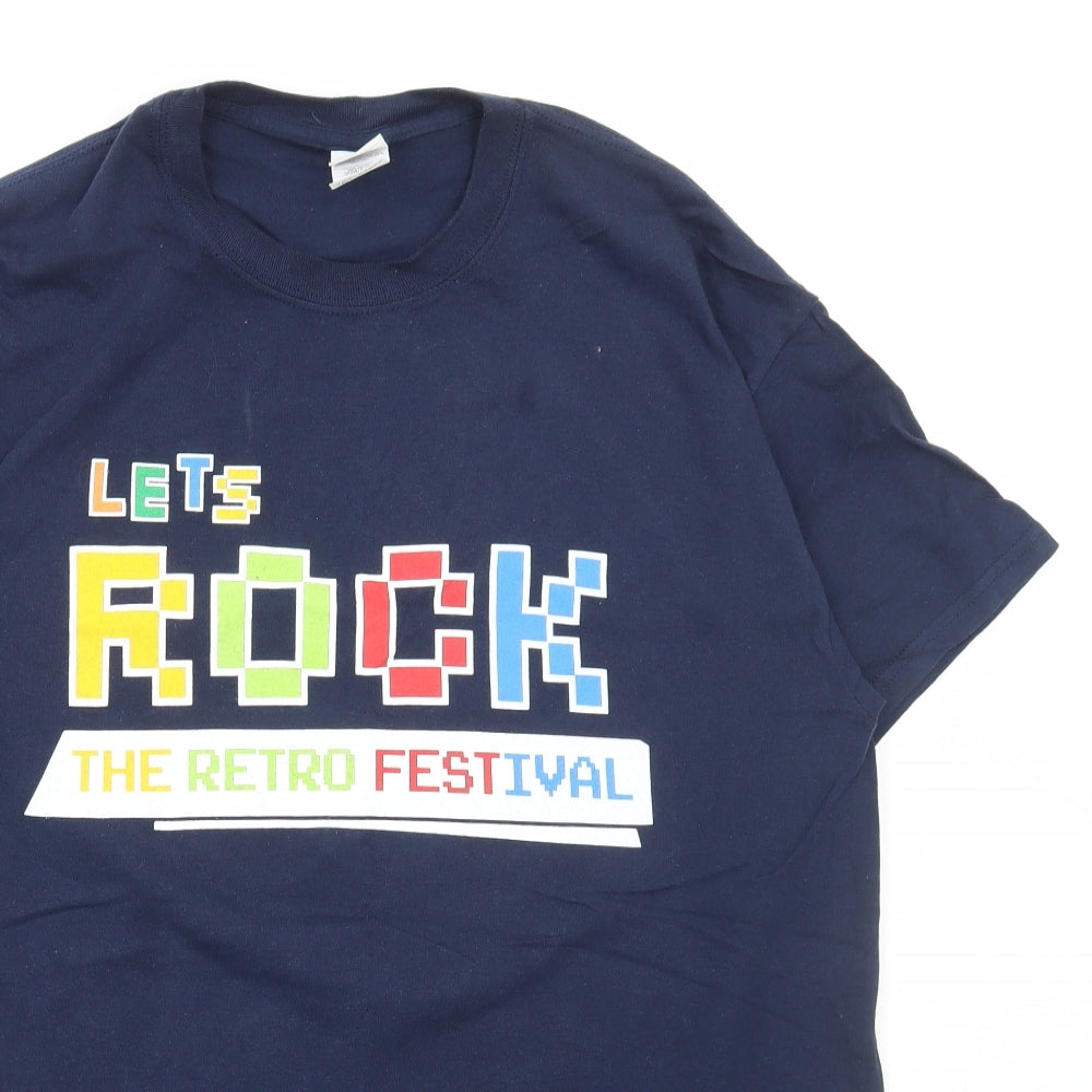 Gildan Mens Blue Cotton T-Shirt Size L Round Neck - Lets Rock