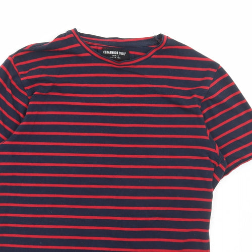 Cedar Wood State Mens Blue Striped Polyester T-Shirt Size S Round Neck