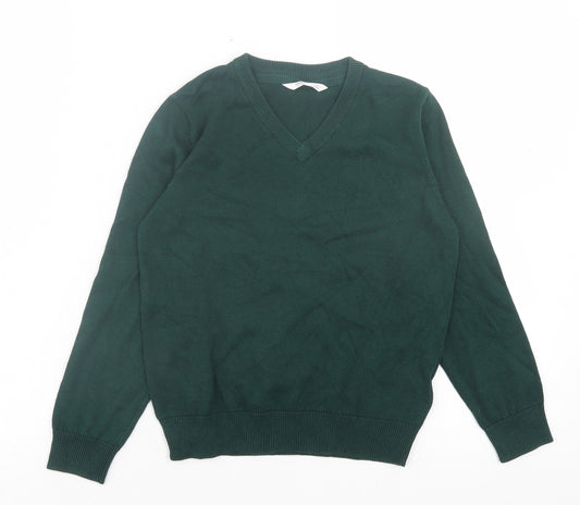 Marks and Spencer Boys Green V-Neck Cotton Pullover Jumper Size 7-8 Years Pullover - School Wear