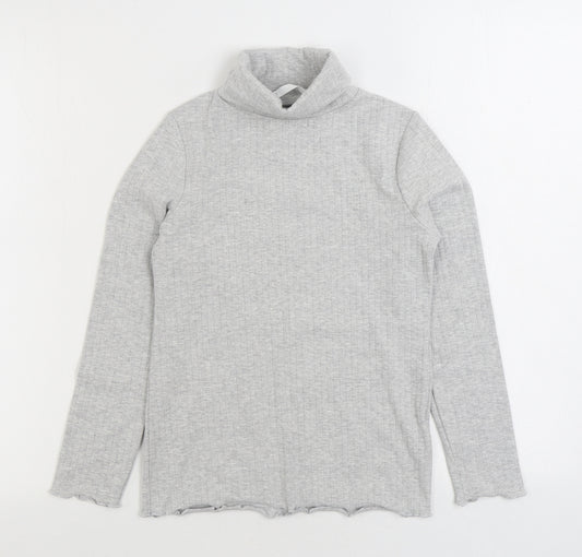 Marks and Spencer Girls Grey Roll Neck Cotton Pullover Jumper Size 10-11 Years Pullover