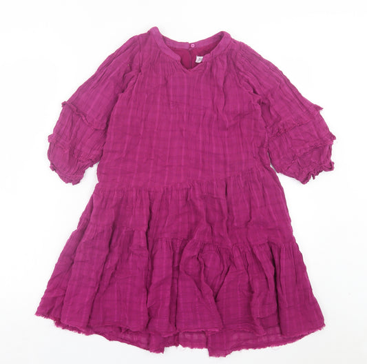 Zara Girls Purple Cotton A-Line Size 7 Years V-Neck Button
