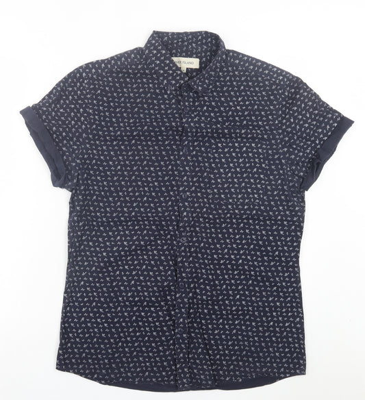 River Island Mens Blue Geometric Cotton Button-Up Size M Collared Button - Pocket Detail