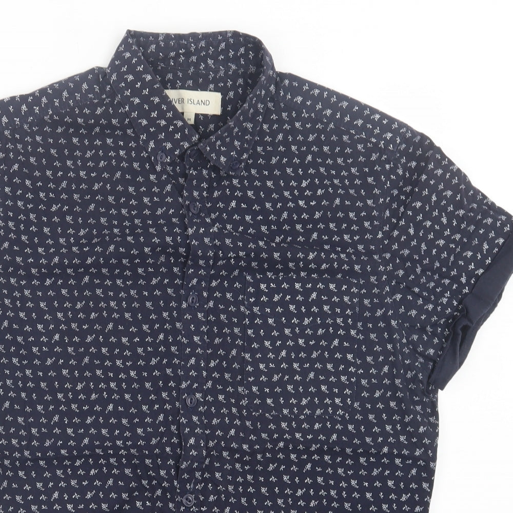 River Island Mens Blue Geometric Cotton Button-Up Size M Collared Button - Pocket Detail