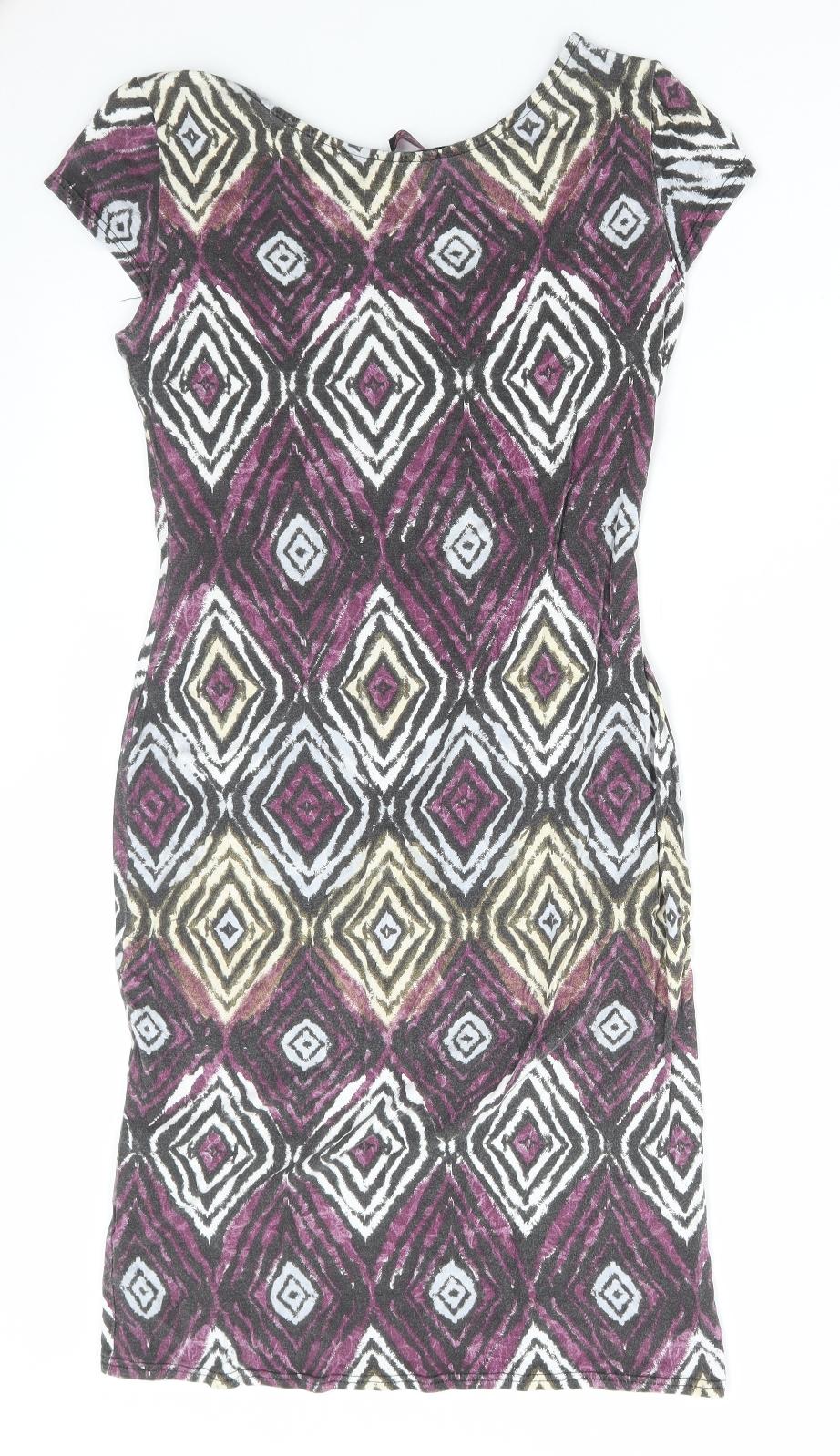 Evita Womens Multicoloured Geometric Viscose T-Shirt Dress Size 12 Round Neck Pullover