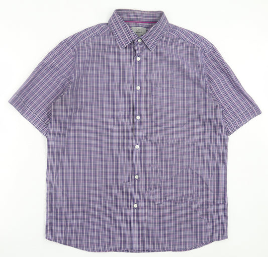 Marks and Spencer Mens Purple Plaid Modal Button-Up Size L Collared Button - Pocket Detail