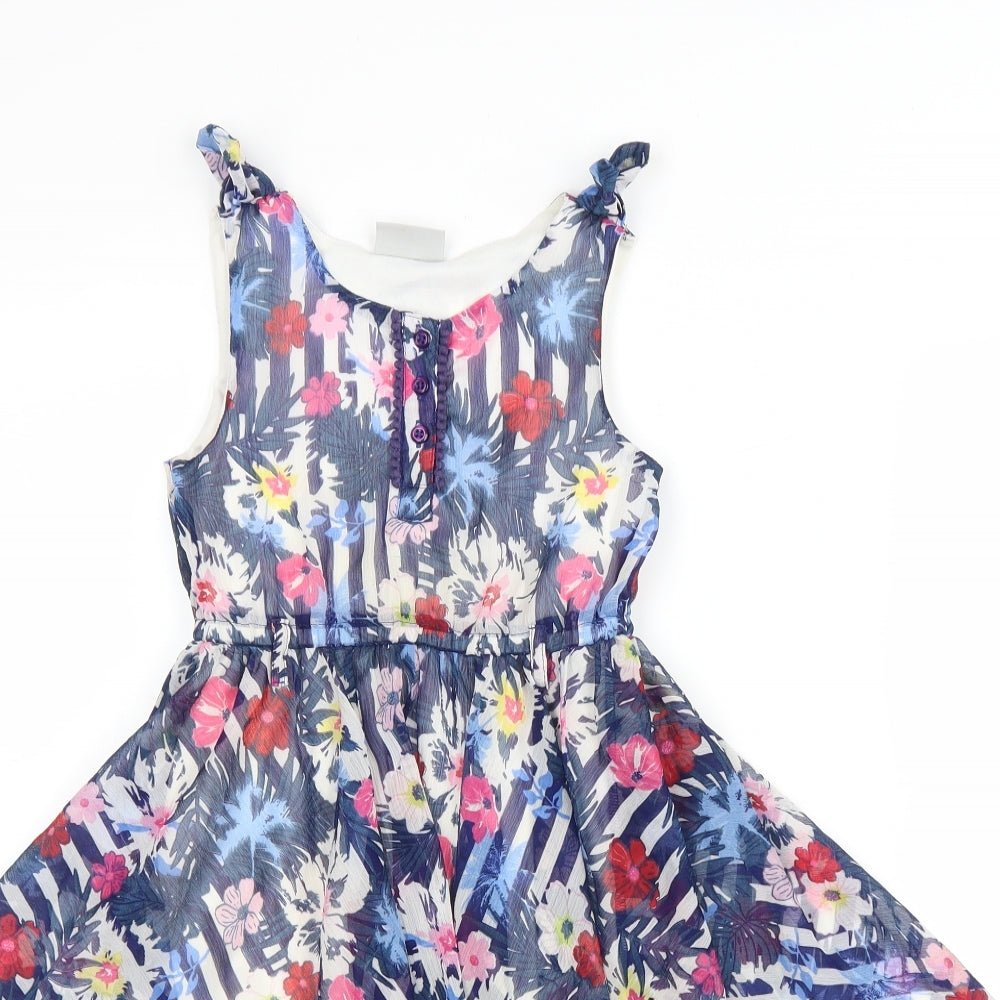 Matalan Girls Blue Floral Polyester Fit & Flare Size 5 Years Scoop Neck Button