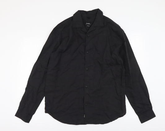 Pull&Bear Mens Black Linen Button-Up Size S Collared Button