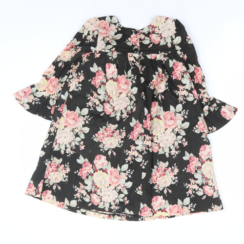 Laura Ashley Girls Black Floral 100% Cotton A-Line Size 6 Years Round Neck Button
