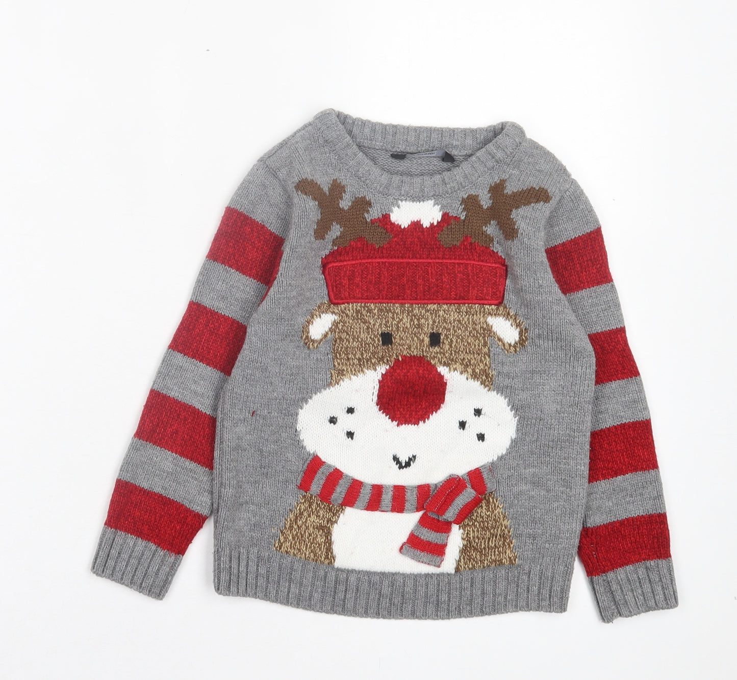 George Girls Grey Crew Neck Striped Acrylic Pullover Jumper Size 4-5 Years Pullover - Christmas Reindeer