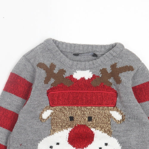 George Girls Grey Crew Neck Striped Acrylic Pullover Jumper Size 4-5 Years Pullover - Christmas Reindeer