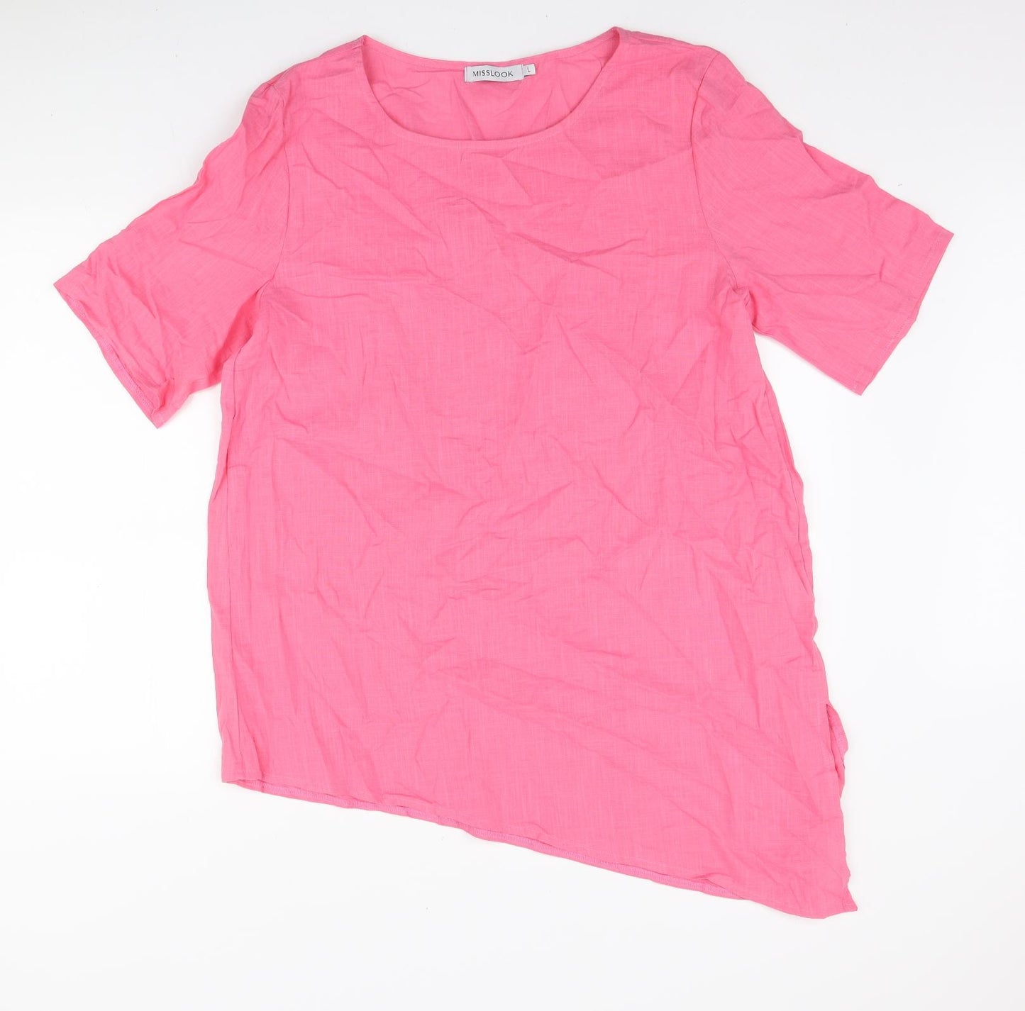 MissLook Womens Pink Polyester Basic T-Shirt Size L Round Neck - Asymmetric
