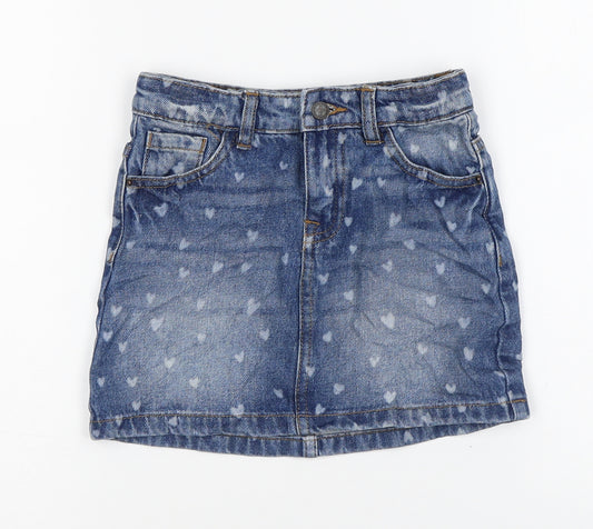 Marks and Spencer# Girls Blue Geometric Cotton Mini Skirt Size 5-6 Years Regular Zip - Love Hearts