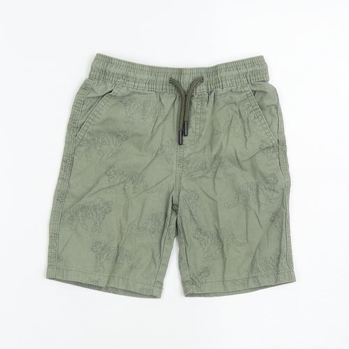 Primark Boys Green Geometric Cotton Cargo Shorts Size 6-7 Years Regular Drawstring - Tiger Print