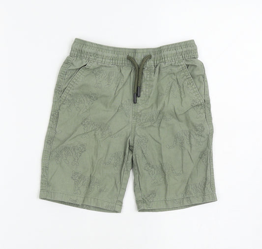 Primark Boys Green Geometric Cotton Cargo Shorts Size 6-7 Years Regular Drawstring - Tiger Print