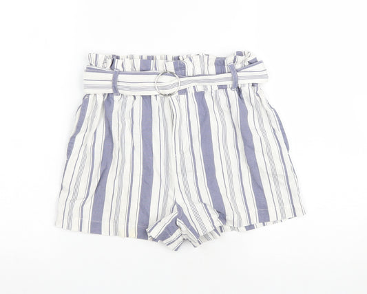 New Look Girls Blue Striped Linen Paperbag Shorts Size 12 Years Regular Zip