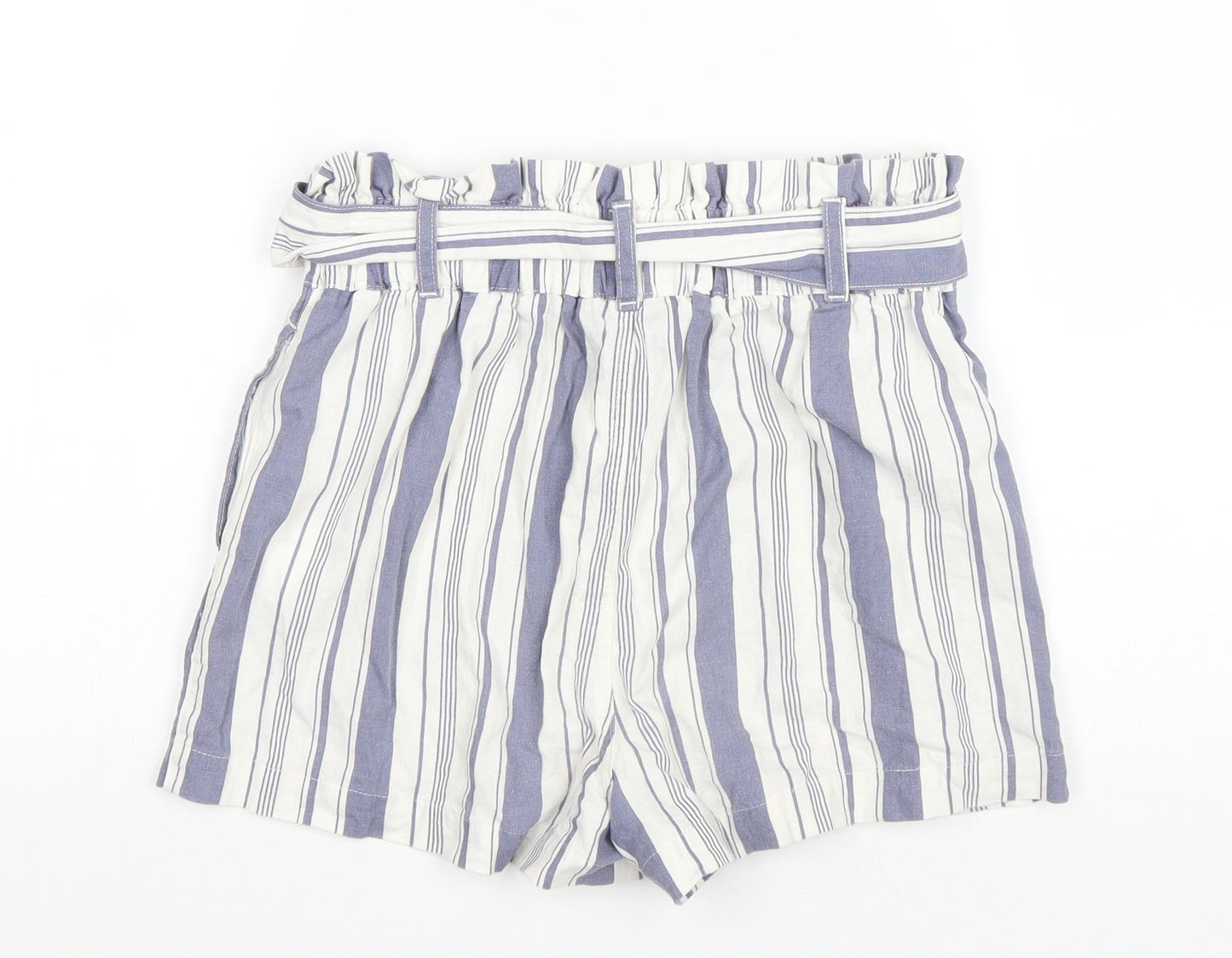 New Look Girls Blue Striped Linen Paperbag Shorts Size 12 Years Regular Zip